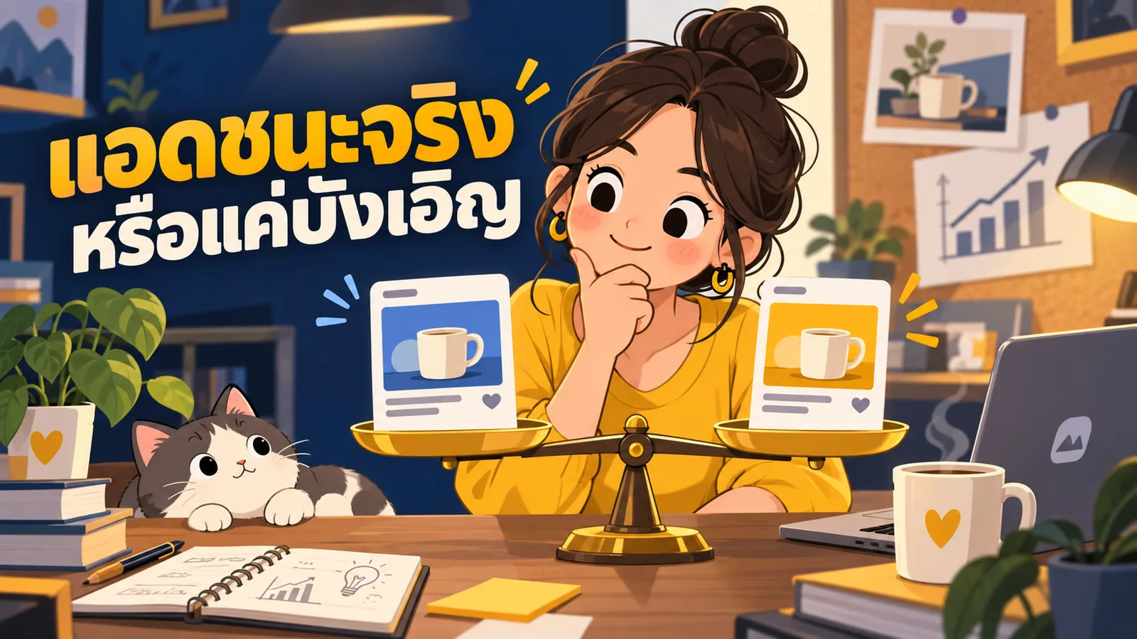 ภาพการ์ตูนประกอบบทความ A/B Testing โฆษณา: แอดชนะจริงหรือแค่บังเอิญ