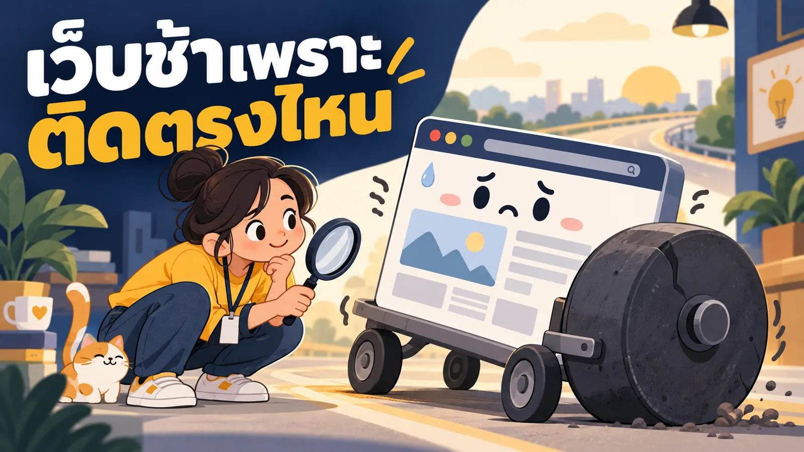 ภาพการ์ตูนประกอบบทความ Core Web Vitals คืออะไร: เว็บช้าเพราะติดตรงไหน
