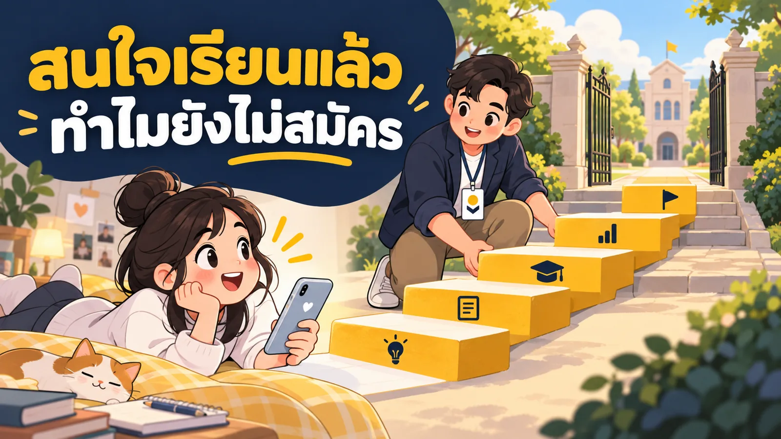 ภาพการ์ตูนประกอบบทความ การตลาดออนไลน์สถาบันการศึกษา: สนใจเรียนแล้วทำไมยังไม่สมัคร
