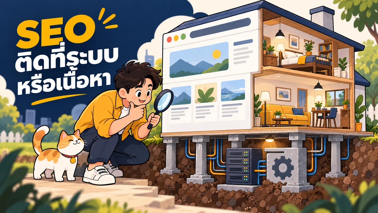 ภาพการ์ตูนประกอบบทความ Technical SEO และ On-Page SEO: SEO ติดที่ระบบหรือเนื้อหา